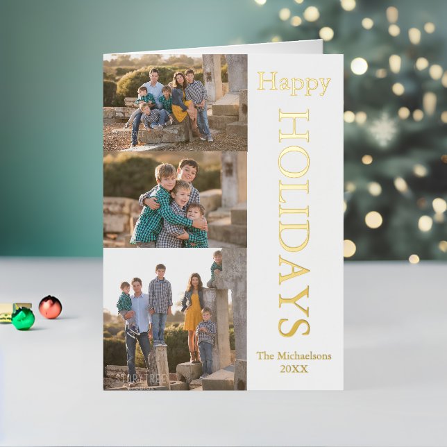 Family Photo Collage Happy Holidays Foil Holiday Card (Holiday In Situ 2)