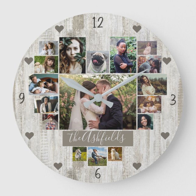 Family Photo Collage Heart 17 Pic Name Rustic Wood Large Clock (Front)