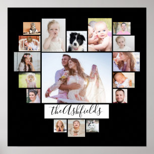 Family Photo Collage Heart 17 Pictures Name Black Poster