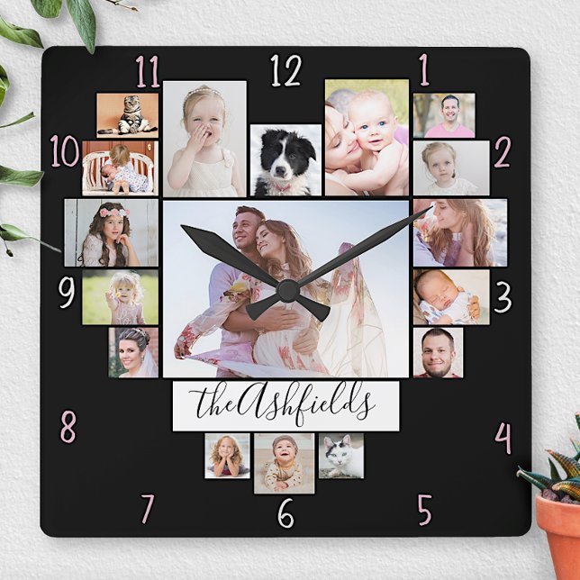 Family Photo Collage Heart 17 Pictures Name Black Square Wall Clock (Creator Uploaded)