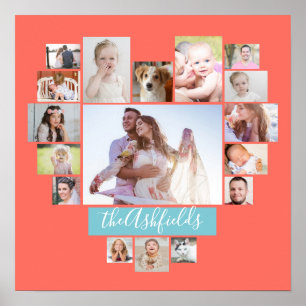 Family Photo Collage Heart 17 Pictures Name Coral Poster