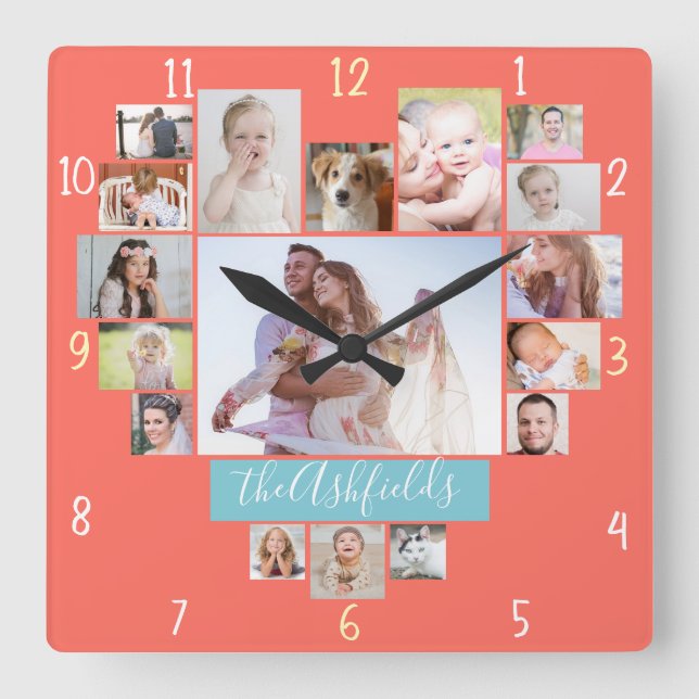 Family Photo Collage Heart 17 Pictures Name Coral Square Wall Clock (Front)