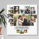Family Photo Collage Heart 17 Pictures Name White Canvas Print<br><div class="desc">Display your family or wedding memories with this beautiful photo collage stretched canvas wall print in white and grey with your pictures in the shape of a heart. This cute design includes room for 17 photographs: 9 horizontal, 2 vertical, and 6 Instagram-style square. Your photos will automatically adjust to make...</div>