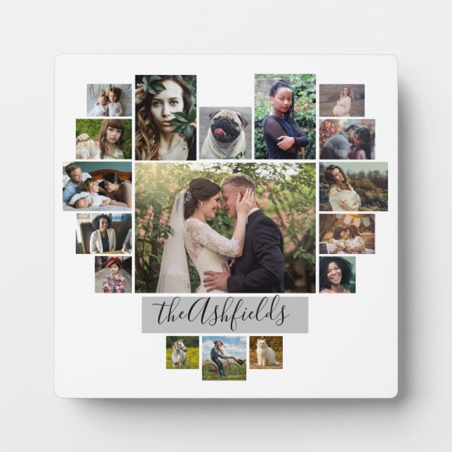 Family Photo Collage Heart 17 Pictures Name White Plaque (Front)