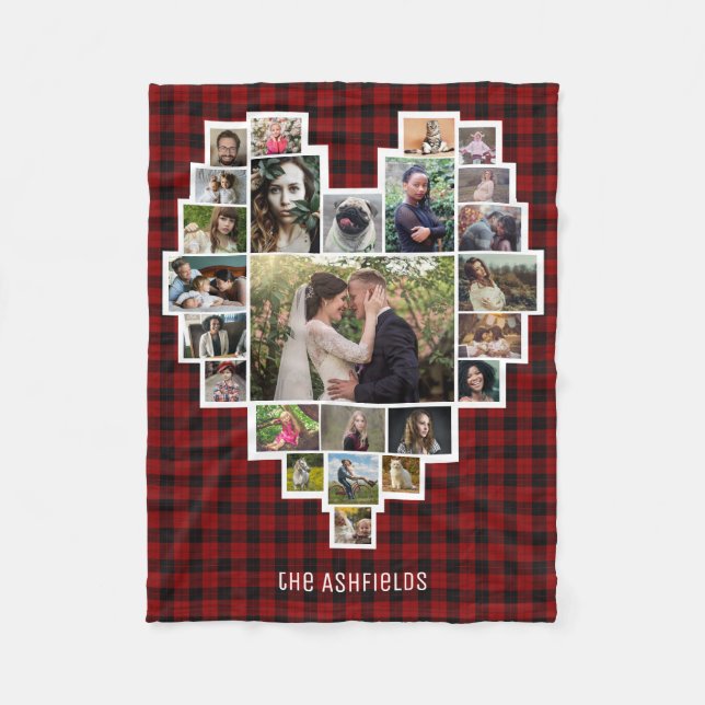 Family Photo Collage Heart 25 Pics Name Red Plaid Fleece Blanket (Front)