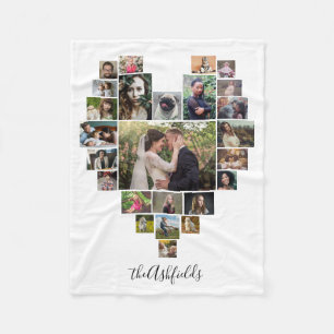 Family Photo Collage Heart 25 Pictures Name White Fleece Blanket