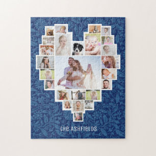 Family Photo Collage Heart Blue Floral 25 Pic Name Jigsaw Puzzle