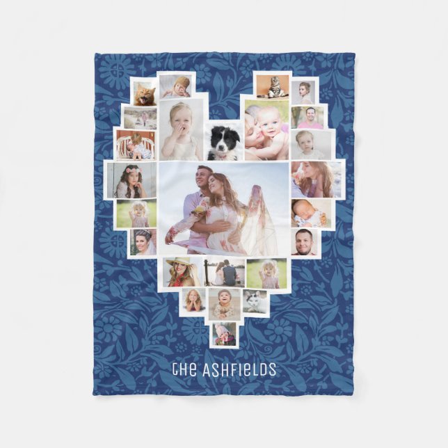 Family Photo Collage Heart Floral Blue 25 Pic Name Fleece Blanket (Front)