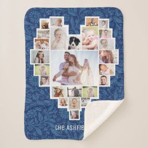 Family Photo Collage Heart Floral Blue 25 Pic Name Sherpa Blanket