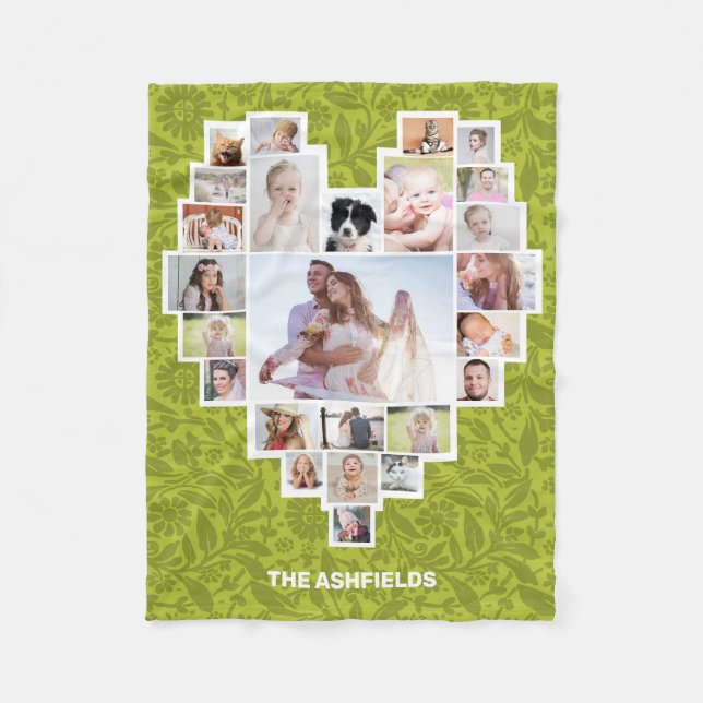 Family Photo Collage Heart Floral Green 25 Pic DIY Fleece Blanket (Front)