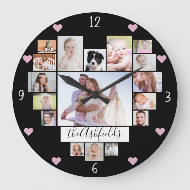 Family Photo Collage Hearts 17 Pictures Name Black Large Clock (Front)