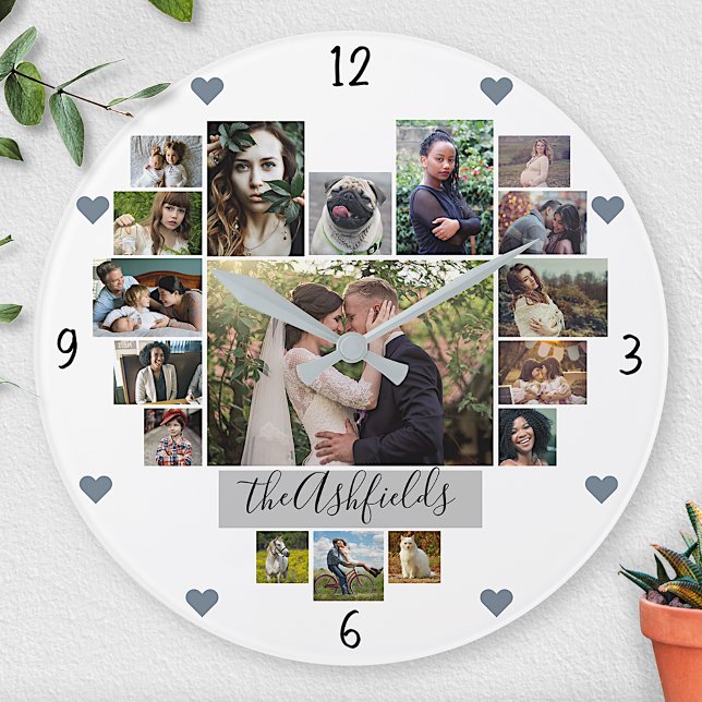 Family Photo Collage Hearts 17 Pictures Name White Large Clock (Creator Uploaded)