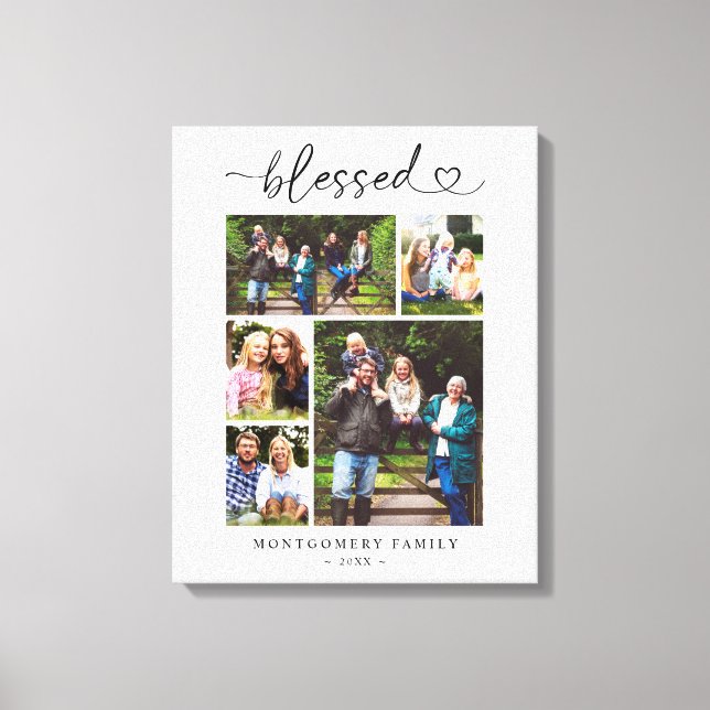 Family Photo Collage Keepsake Blessed Heart Script Canvas Print (Front)