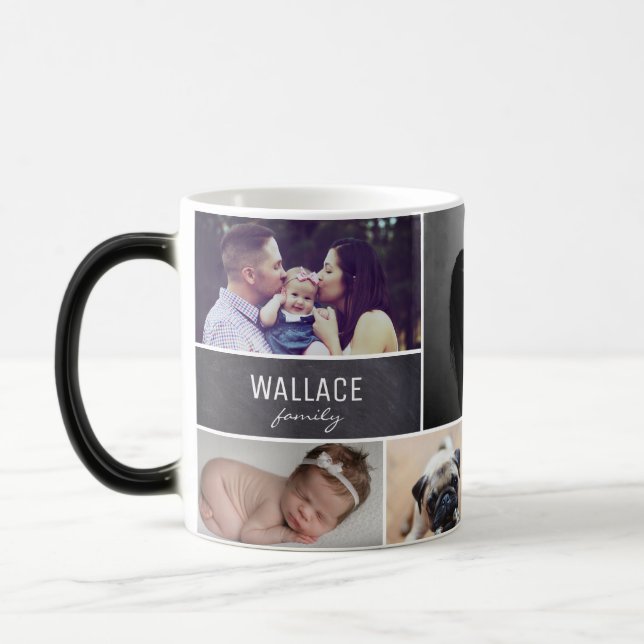 Family Photo Collage Last Name Chalkboard Magic Mug (Left)