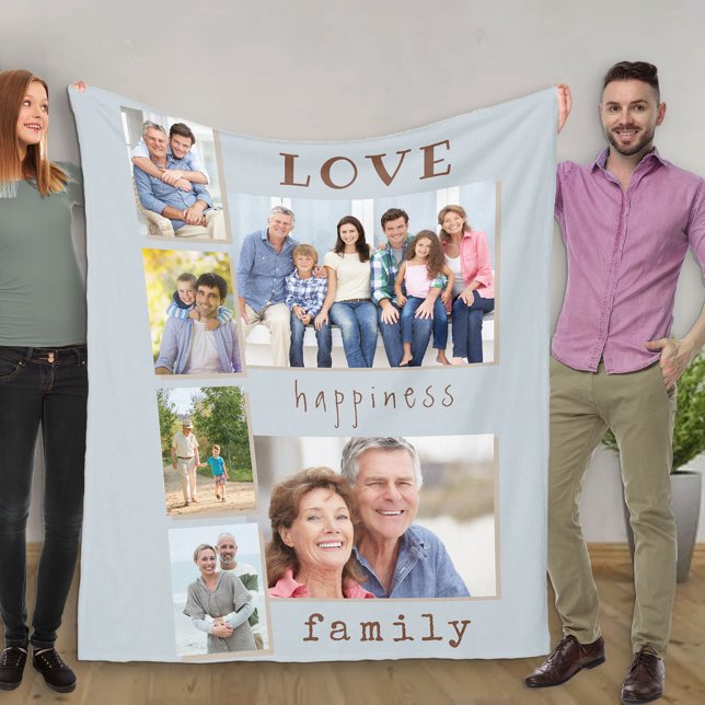 Family Photo Collage Love and Happiness Quote Blue Fleece Blanket (Creator Uploaded)