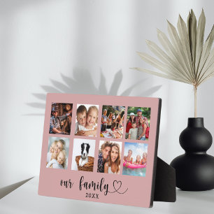 Family photo collage love heart script dusty rose plaque