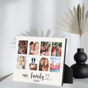 Family photo collage love heart script ivory plaque