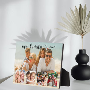 Family photo collage love heart script plaque