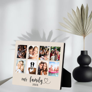 Family photo collage love heart script taupe plaque