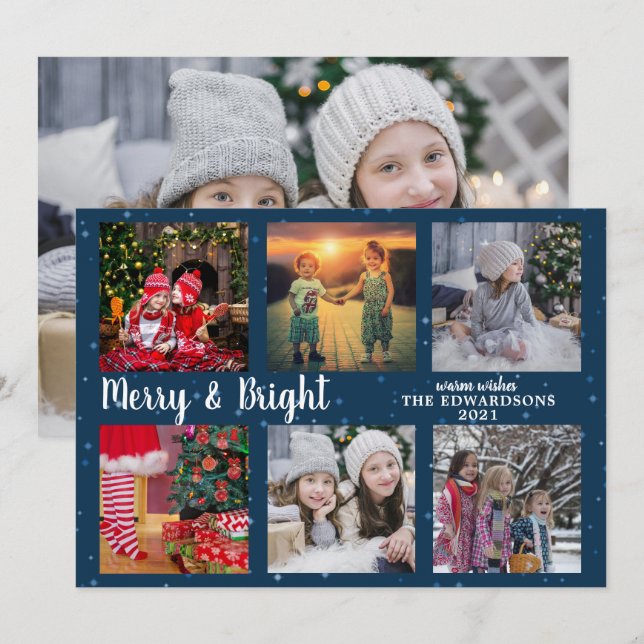 Family photo collage Merry and Bright Christmas Holiday Card (Front/Back)