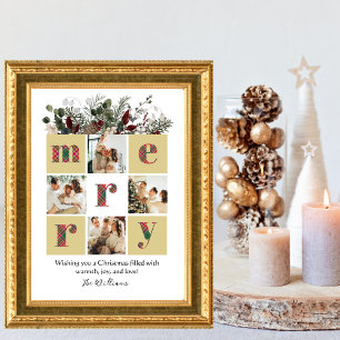 Family Photo Collage, Modern, Floral, Christmas Holiday Card