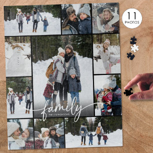 Family Photo Collage Modern Script 11 Photos Jigsaw Puzzle