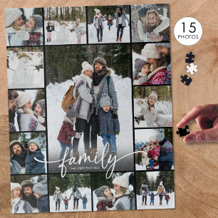 Family Photo Collage Modern Script 15 Photos Jigsaw Puzzle