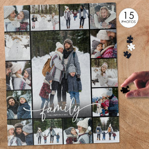 Family Photo Collage Modern Script 15 Photos Jigsaw Puzzle