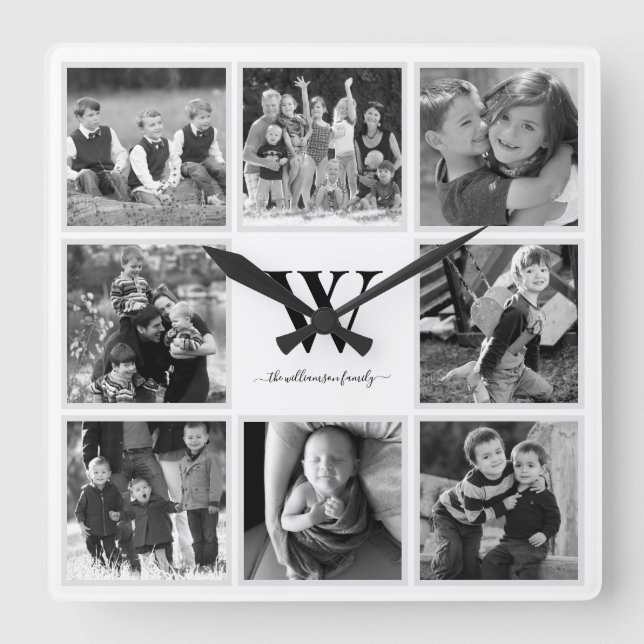 Family Photo Collage Monogram Black and White Square Wall Clock (Front)