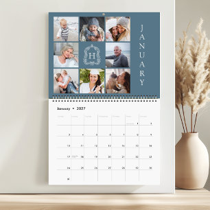 Family Photo Collage Monogram Crest Blue 2027 Calendar