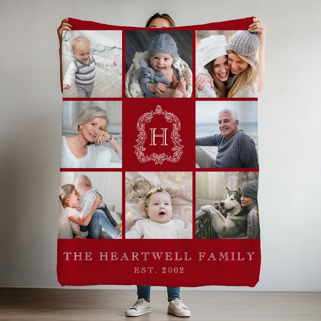 Family Photo Collage Monogram Crest Cranberry Red Fleece Blanket (Creator Uploaded)