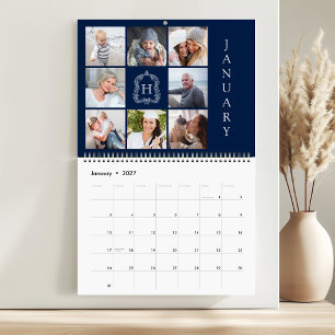 Family Photo Collage Monogram Crest Navy Blue 2027 Calendar