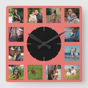 Family Photo Collage Monogram Square Wall Clock