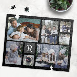 Family Photo Collage Monogrammed 7 Pictures Black Jigsaw Puzzle<br><div class="desc">Display your family or wedding memories with this beautiful photo collage puzzle in black with a grey square behind your monogram. The design includes room for 7 photographs: 2 large horizontal, 2 medium vertical, and 3 smaller Instagram-style square. Add your monogram letter in cursive. The simple templates make it easy...</div>