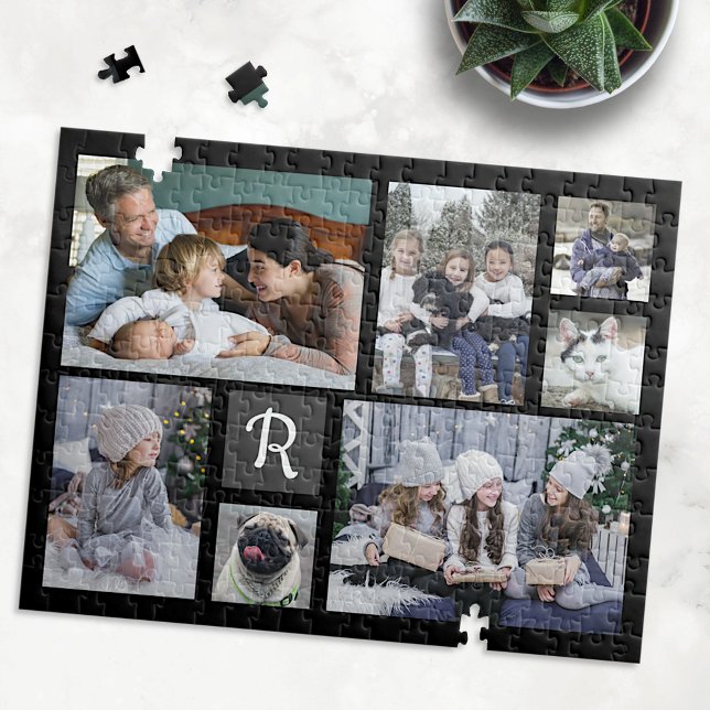 Family Photo Collage Monogrammed 7 Pictures Black Jigsaw Puzzle (Creator Uploaded)