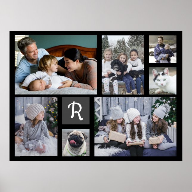 Family Photo Collage Monogrammed 7 Pictures Black Poster (Front)