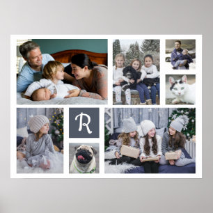 Family Photo Collage Monogrammed 7 Pictures White Poster