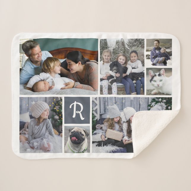 Family Photo Collage Monogrammed 7 Pictures White Sherpa Blanket (Front (Horizontal))