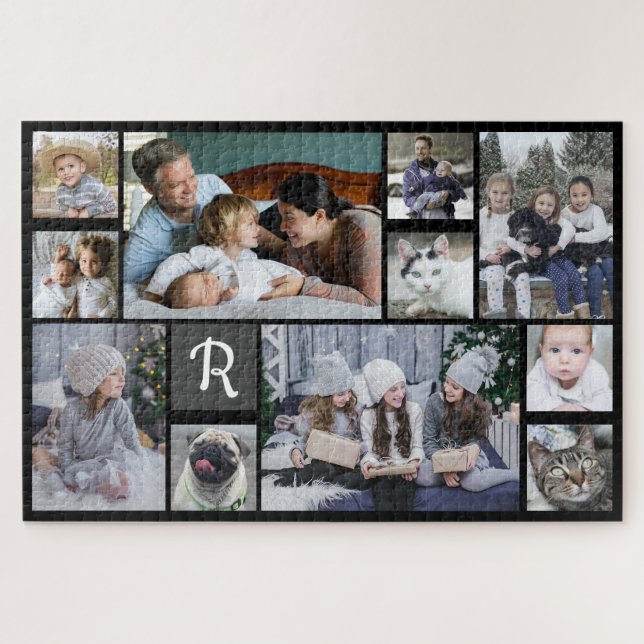 Family Photo Collage Monogrammed Black 11 Pictures Jigsaw Puzzle (Horizontal)