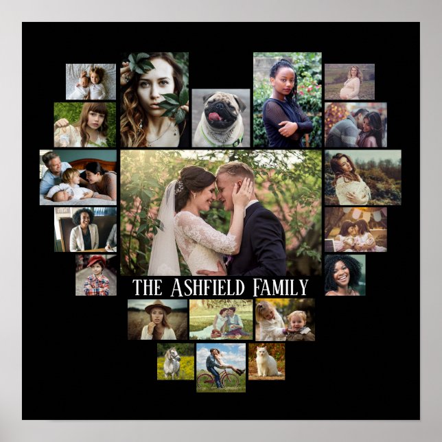 Family Photo Collage Name In Heart 20 Pics Black Poster (Front)
