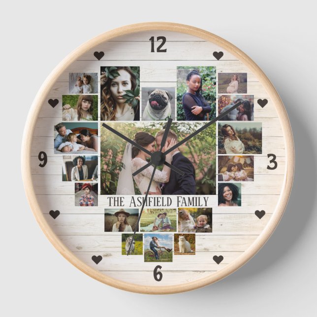 Family Photo Collage Name In Heart 20 Pics Lt Wood Clock (Front)