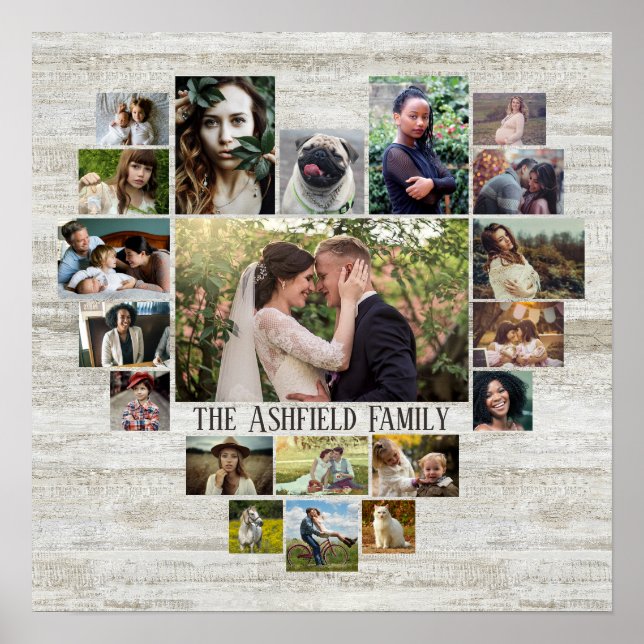 Family Photo Collage Name In Heart 20 Pics Wood Poster (Front)
