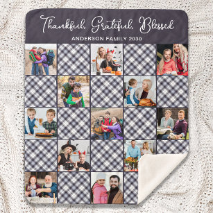 Family Photo Collage Personalised Blue Grey Plaid  Sherpa Blanket