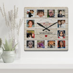 Family Photo Collage Pretty Light Wood Square Wall Clock<br><div class="desc">Fun, personalised design 12 space collage wall clock with your custom images on a lovely faux light wood plank patterned background.This great wall clock makes the perfect gift for family, friends, parents and grandparents! The clock face also features "our family" with your family name and year established with a solid...</div>