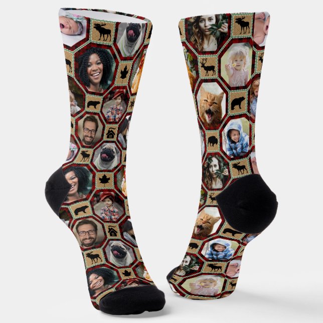 Family Photo Collage Red Black Buffalo Plaid Quilt Socks (Angled)