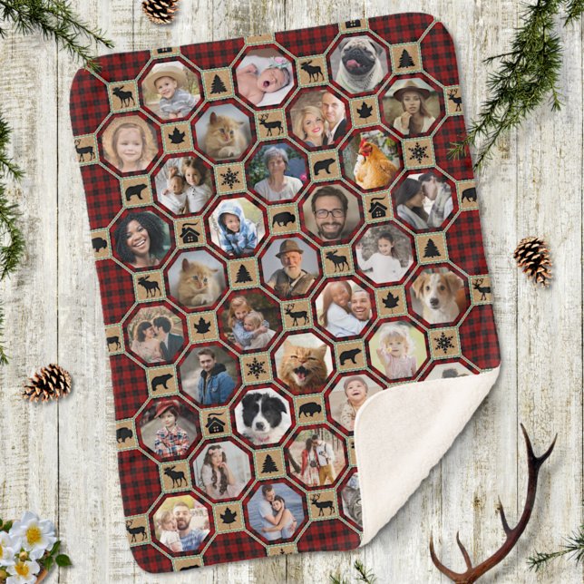 Family Photo Collage Red Buffalo Plaid Quilt Lg Sm Sherpa Blanket (Creator Uploaded)