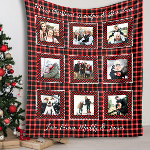 Family Photo Collage Red Plaid Christmas  Fleece Blanket