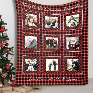 Family Photo Collage Red Plaid Christmas Fleece Blanket