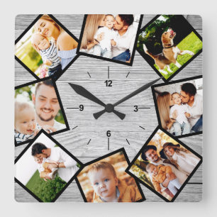Family Photo Collage Rustic Chic Farmhouse Gray Square Wall Clock
