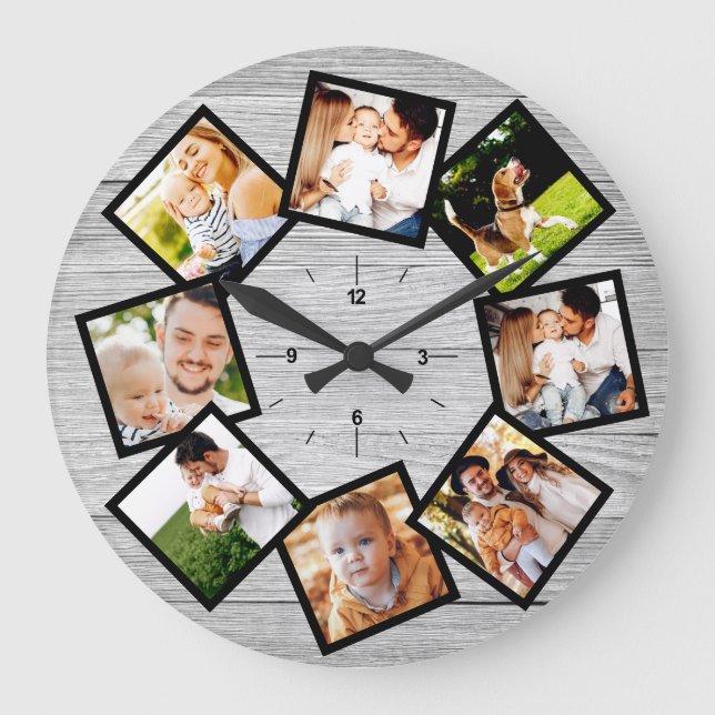 Family Photo Collage Rustic Chic Farmhouse Grey Large Clock (Front)